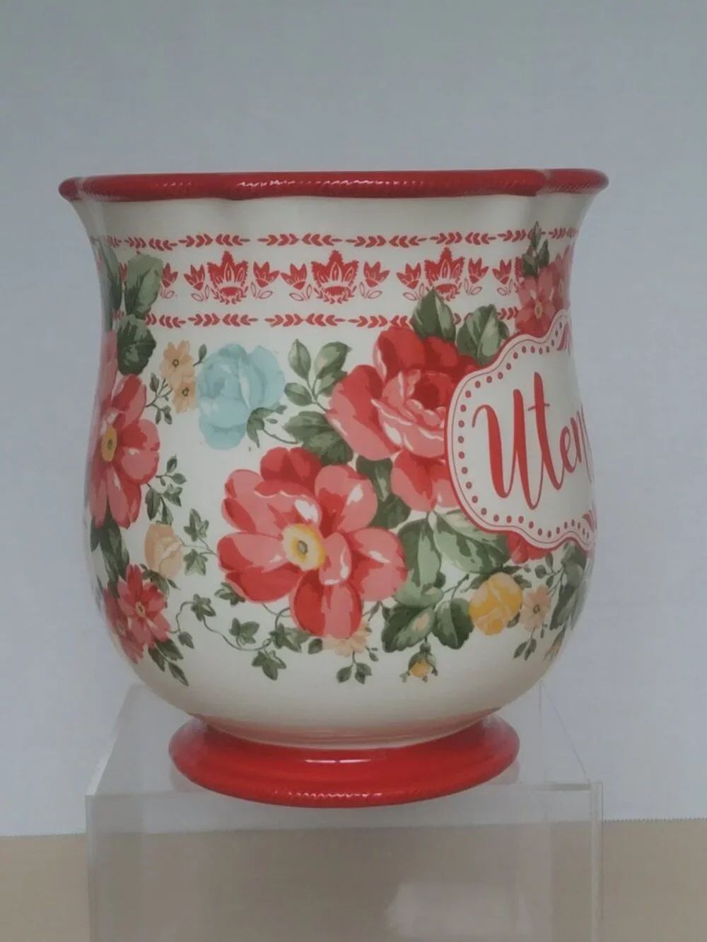 The Pioneer Woman Vintage Floral Ceramic Farmhouse Crock Pot Utensil Holder 7 in